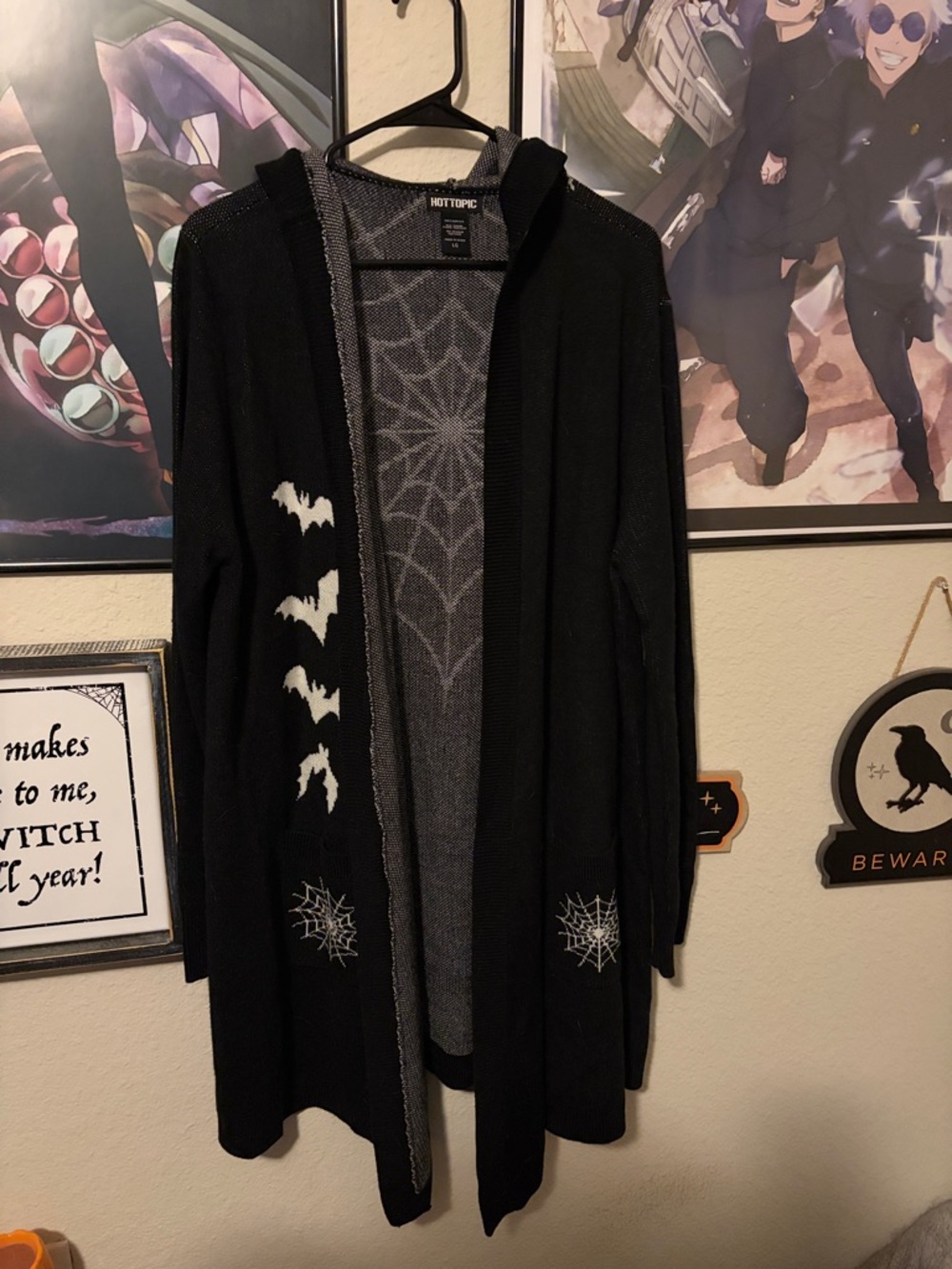 Sold❌Hot Topic Black Hooded Cardigan duster with White Bats & Spiderwebs